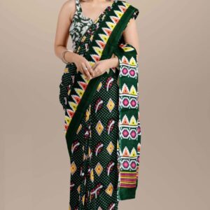 Black whit red Block Printed Mulmul cotton saree
