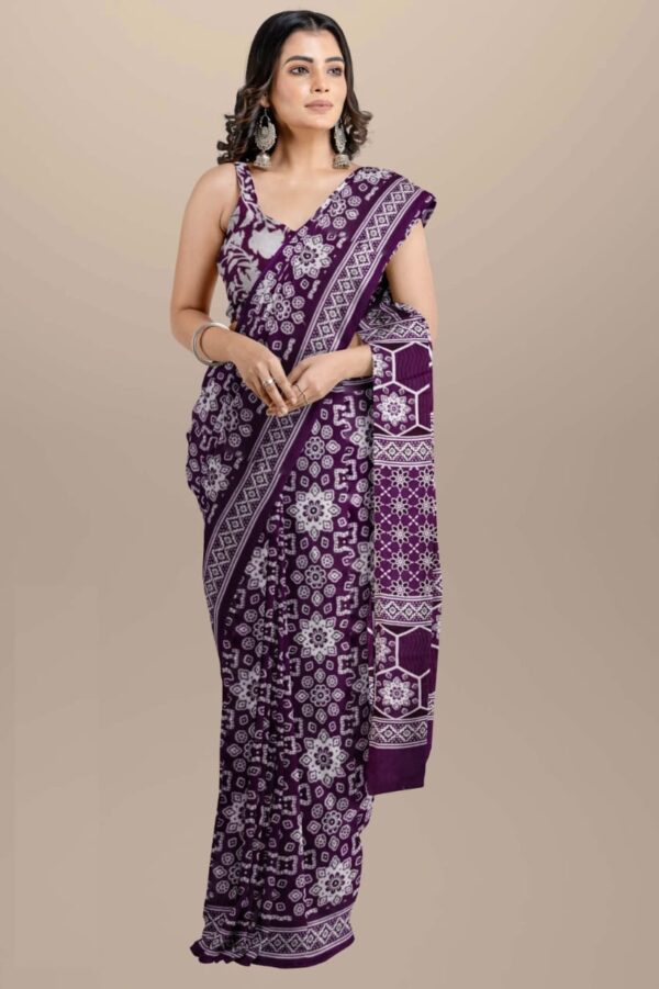 Purple Block Printed Mulmul cotton saree