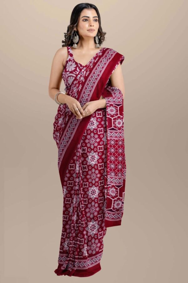 Red Brown Block Printed Mulmul cotton saree