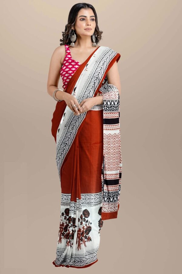 Red Brown Printed Mulmul cotton saree
