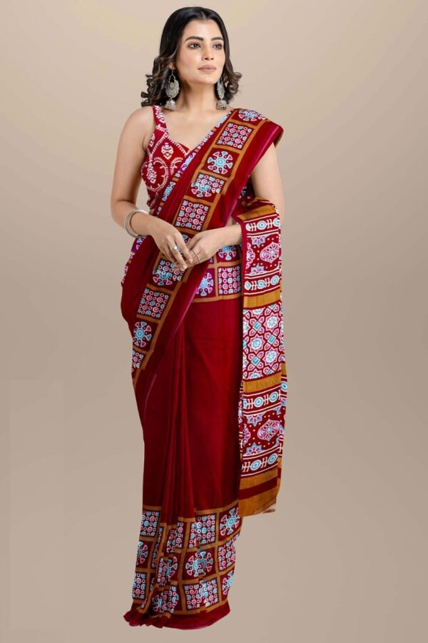 Red Brown Printed Mulmul Cotton Saree