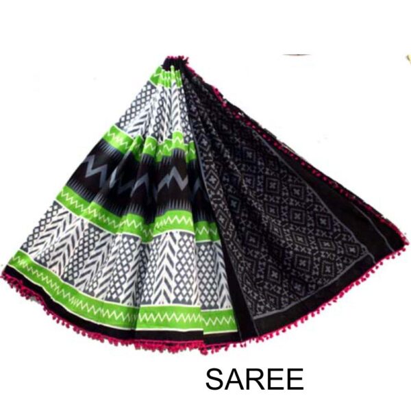 Hand Block Printed Pompom Mulmul cotton saree