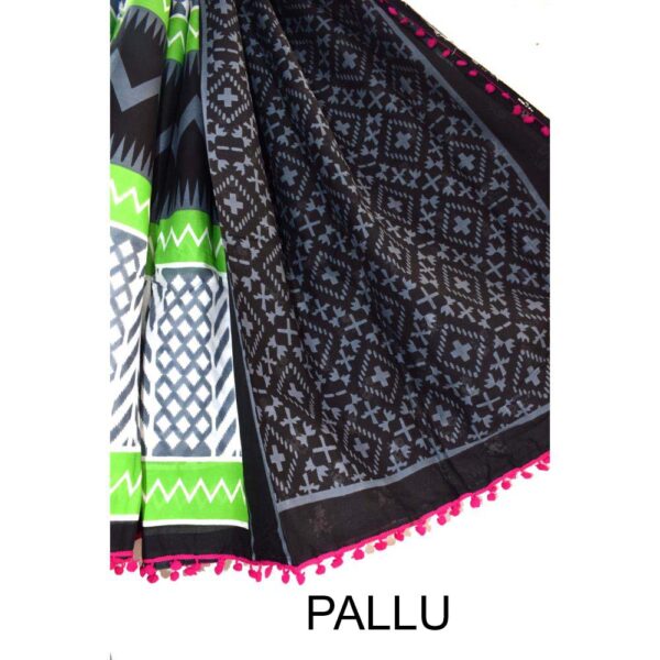 Hand Block Printed Pompom Mulmul cotton saree