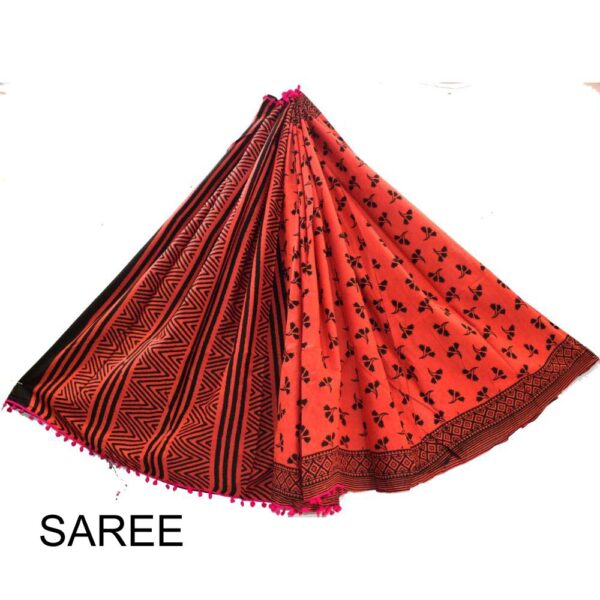 Hand Block Printed Pompom Mulmul cotton saree