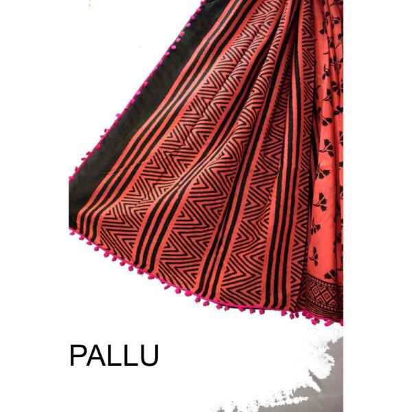 Hand Block Printed Pompom Mulmul cotton saree