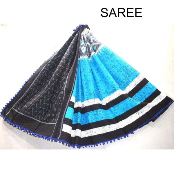 Hand Block Printed Pompom Mulmul cotton saree 03