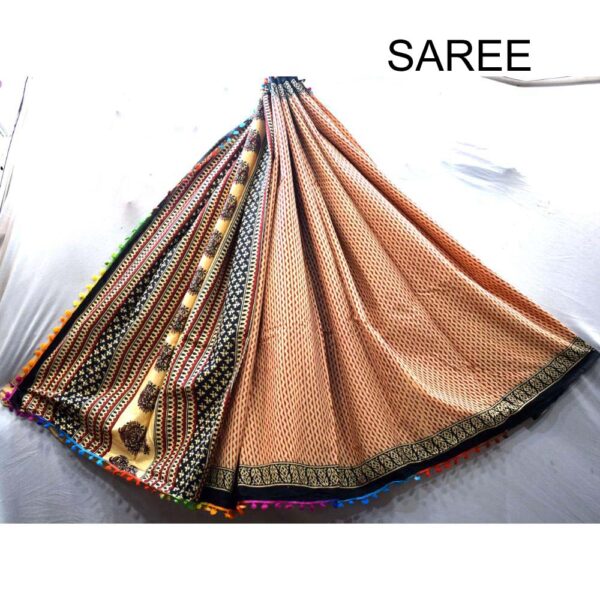 Hand Block Printed Pompom Mulmul cotton saree 03