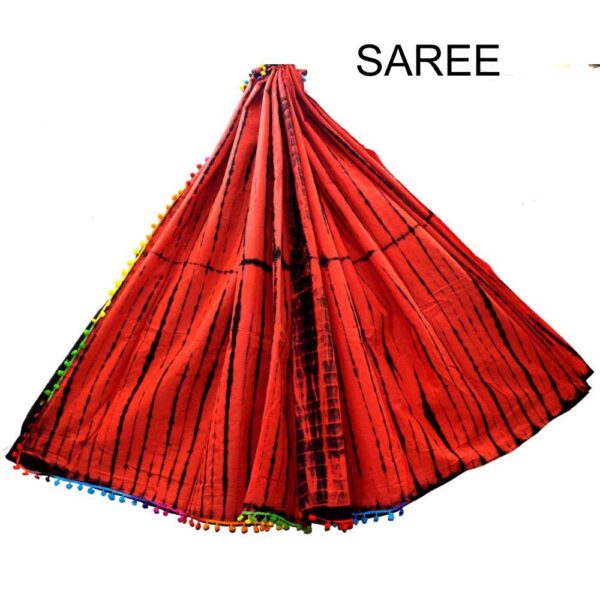 Hand Block Printed Pompom Mulmul cotton saree 06