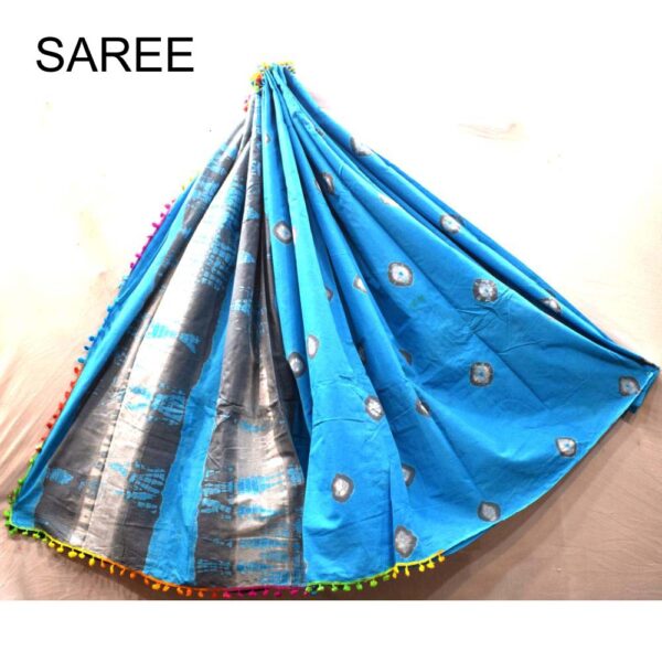 Hand Block Printed Pompom Mulmul cotton saree 06