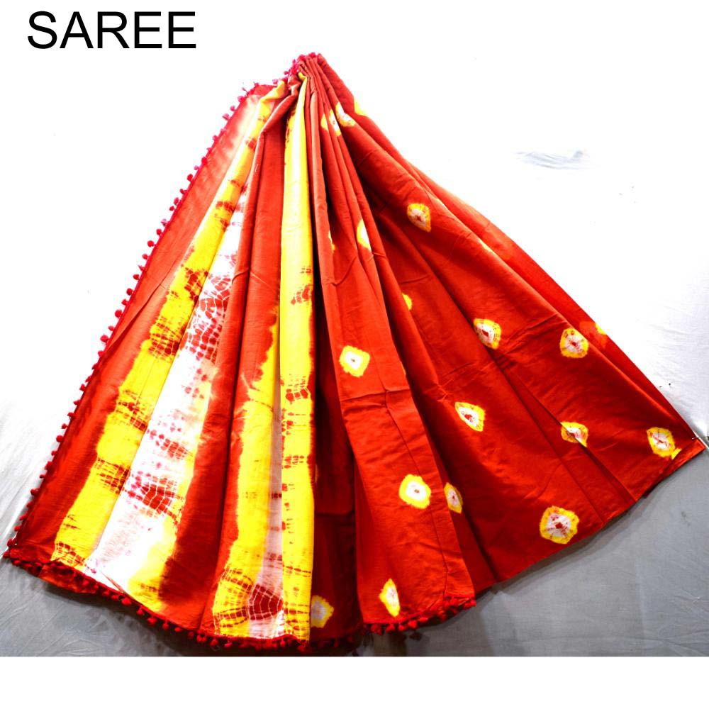 Hand Block Printed Pompom Mulmul cotton saree 06