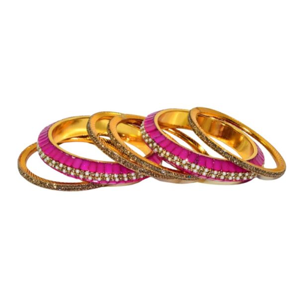 Jaipuri Designer Golden Pink Metal Kangan set Pack of 6