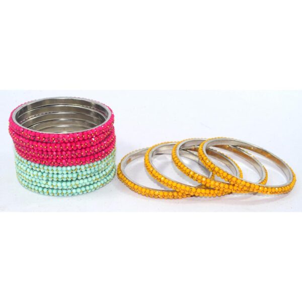 Colorful Silver Metal Beads Bangles Pack of 3
