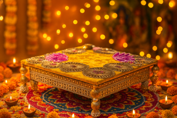 Wooden Base Puja Chouki with Pearls and Beads
