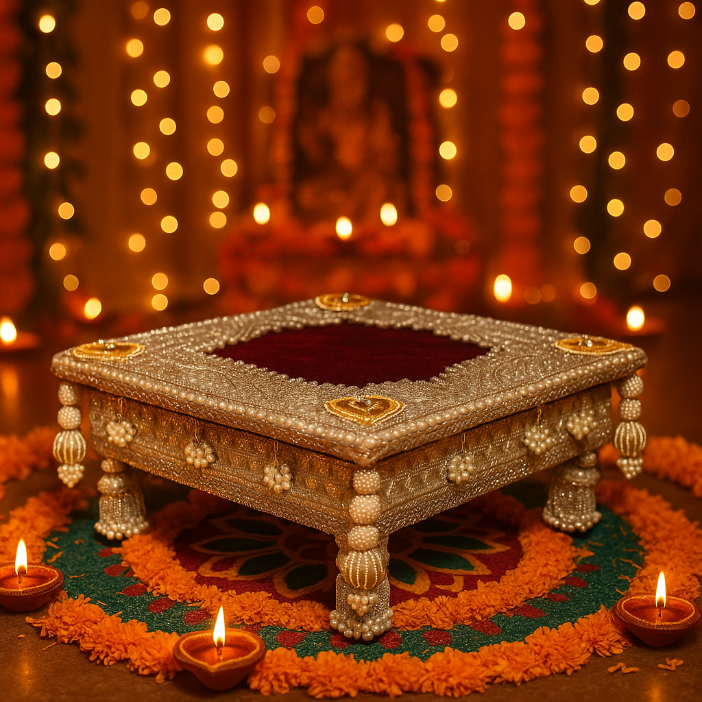 Wooden Base Puja Chouki with Pearls and Beads