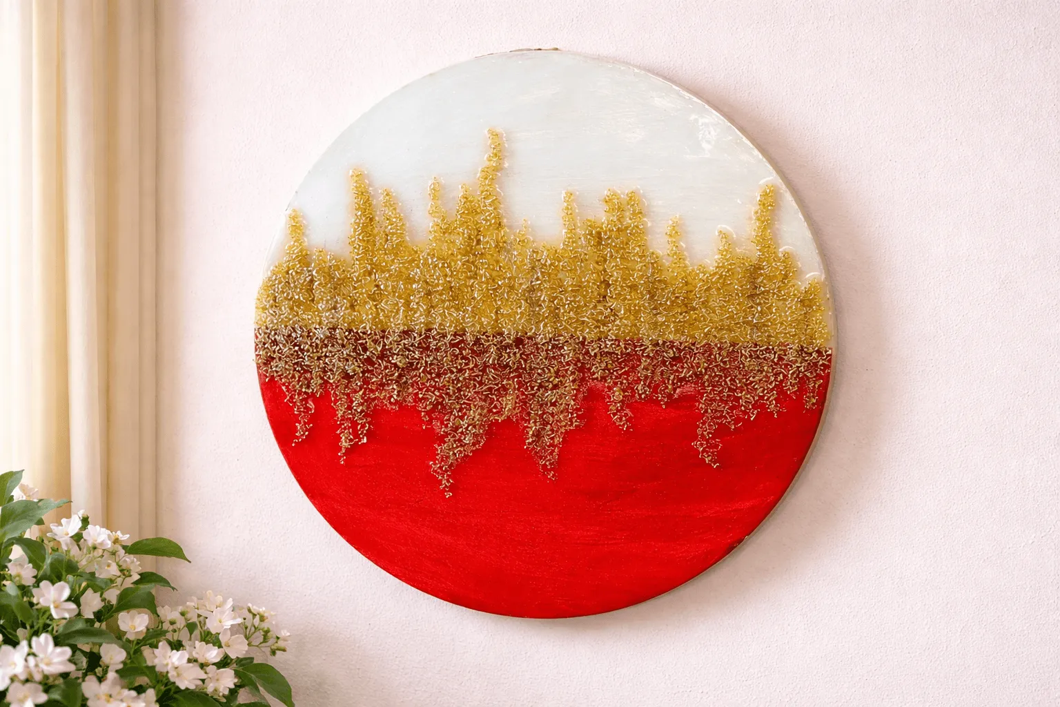 Abstract red and gold resin wall art for modern home decor