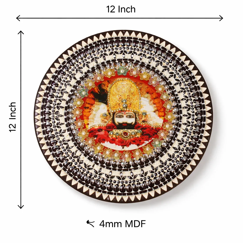 12 inch MDF Khatu Shyam mirror wall art for mandir decoration with diya setup