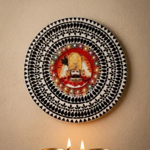 12 inch MDF Khatu Shyam mirror wall art for mandir decoration with diya setup