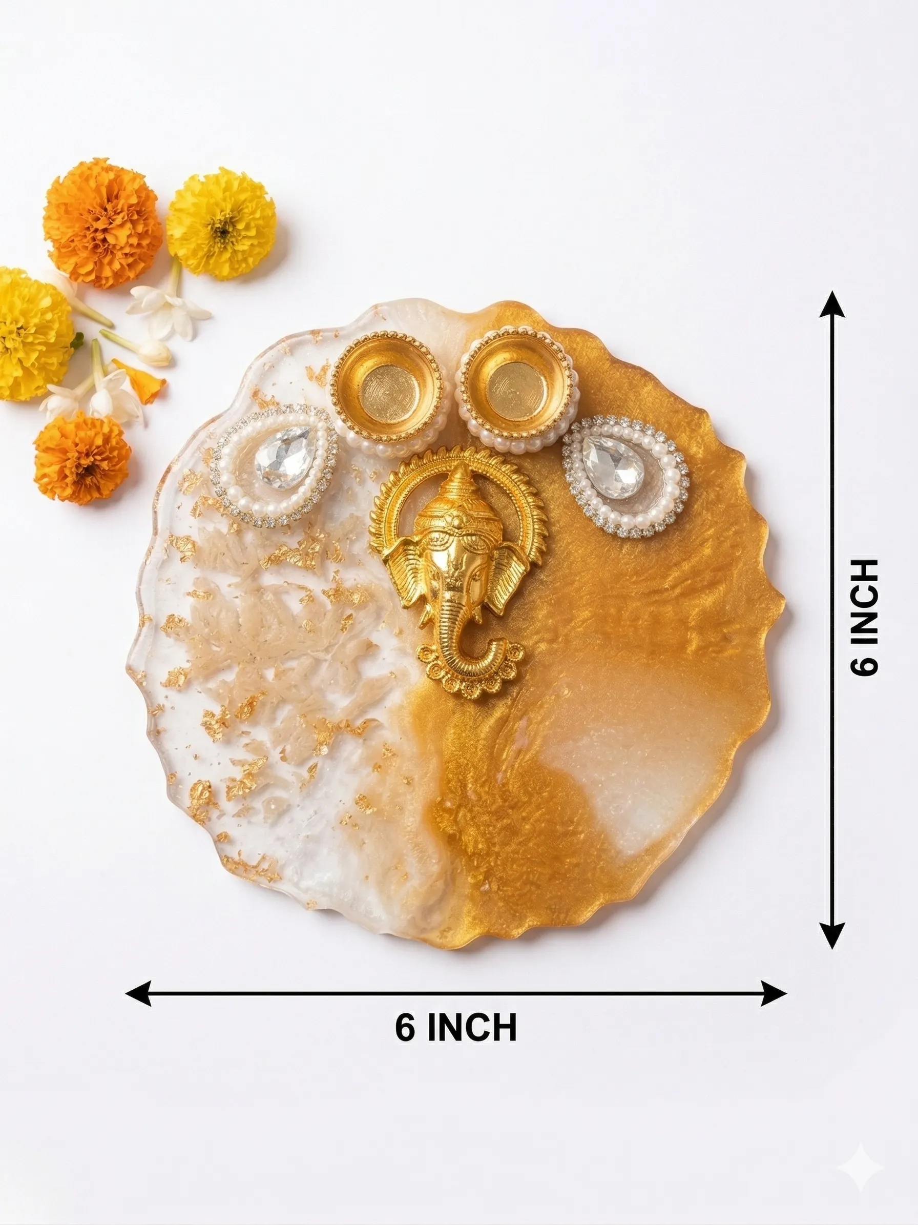 8 inch resin Ganesh pooja thali with diya holders and decorative crystal work for festival use