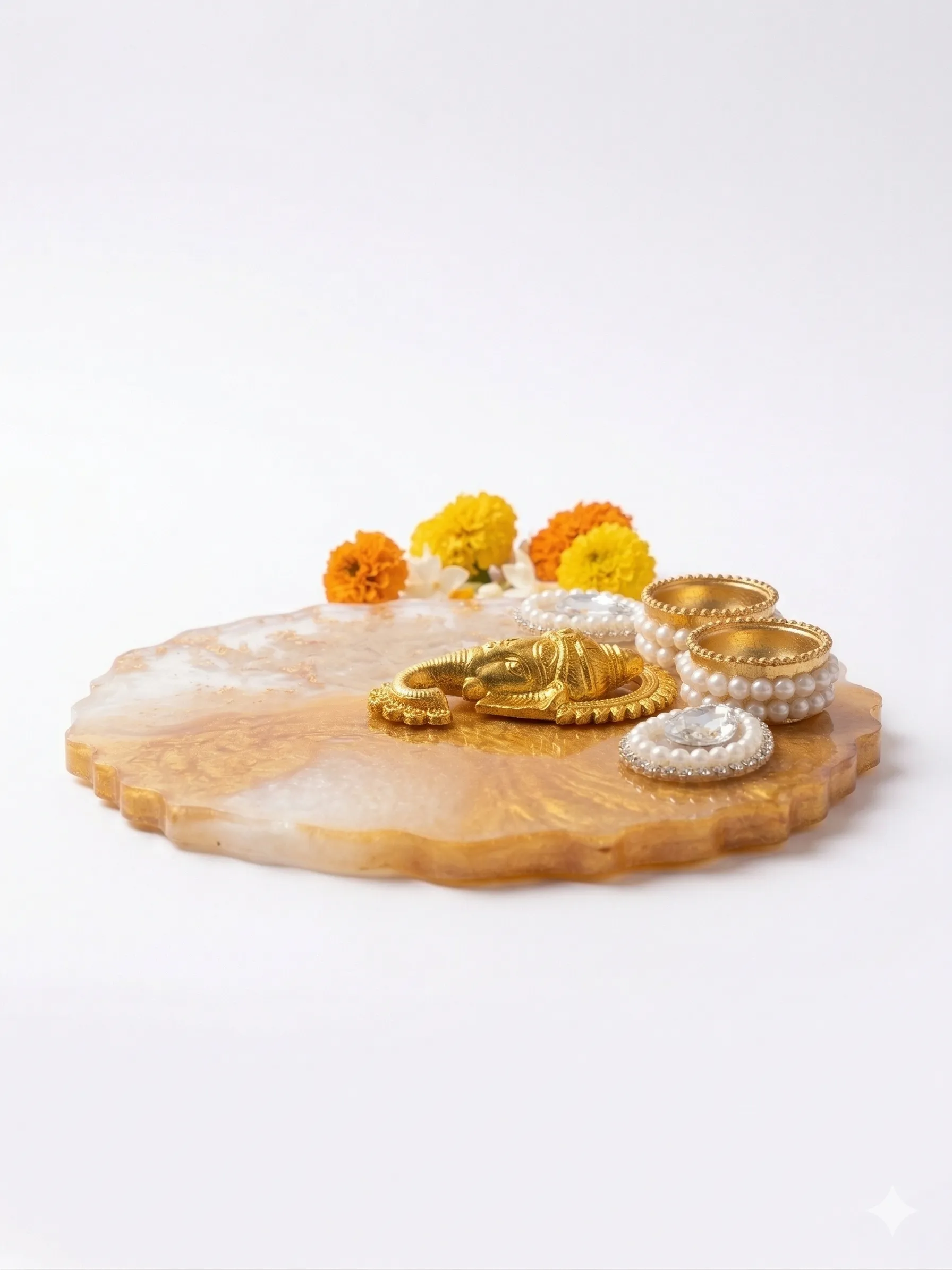 8 inch resin Ganesh pooja thali with diya holders and decorative crystal work for festival use