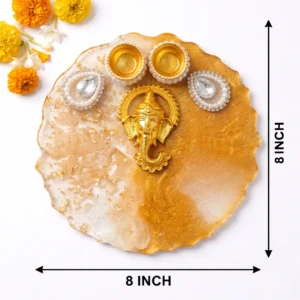 8 inch resin Ganesh pooja thali with diya holders and decorative crystal work for festival use