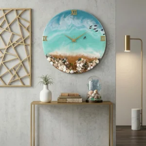 Handmade resin ocean wall clock with sea shells and beach theme design 18 inch