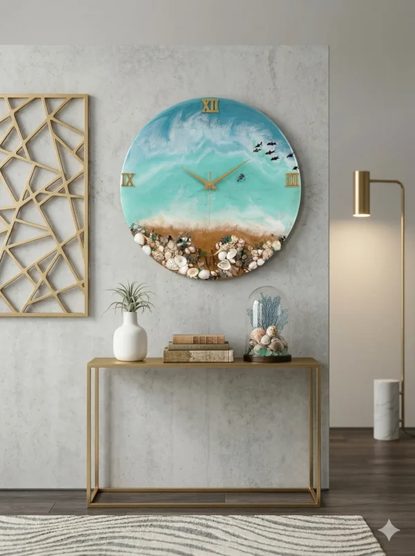 Resin Ocean Wall Clock 18 Inch | Handmade Beach Theme Clock