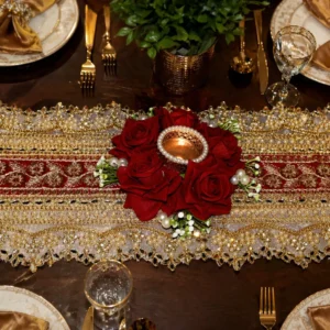 Golden floral table runner with candle holders for wedding and festive table decoration (21x8 inch)