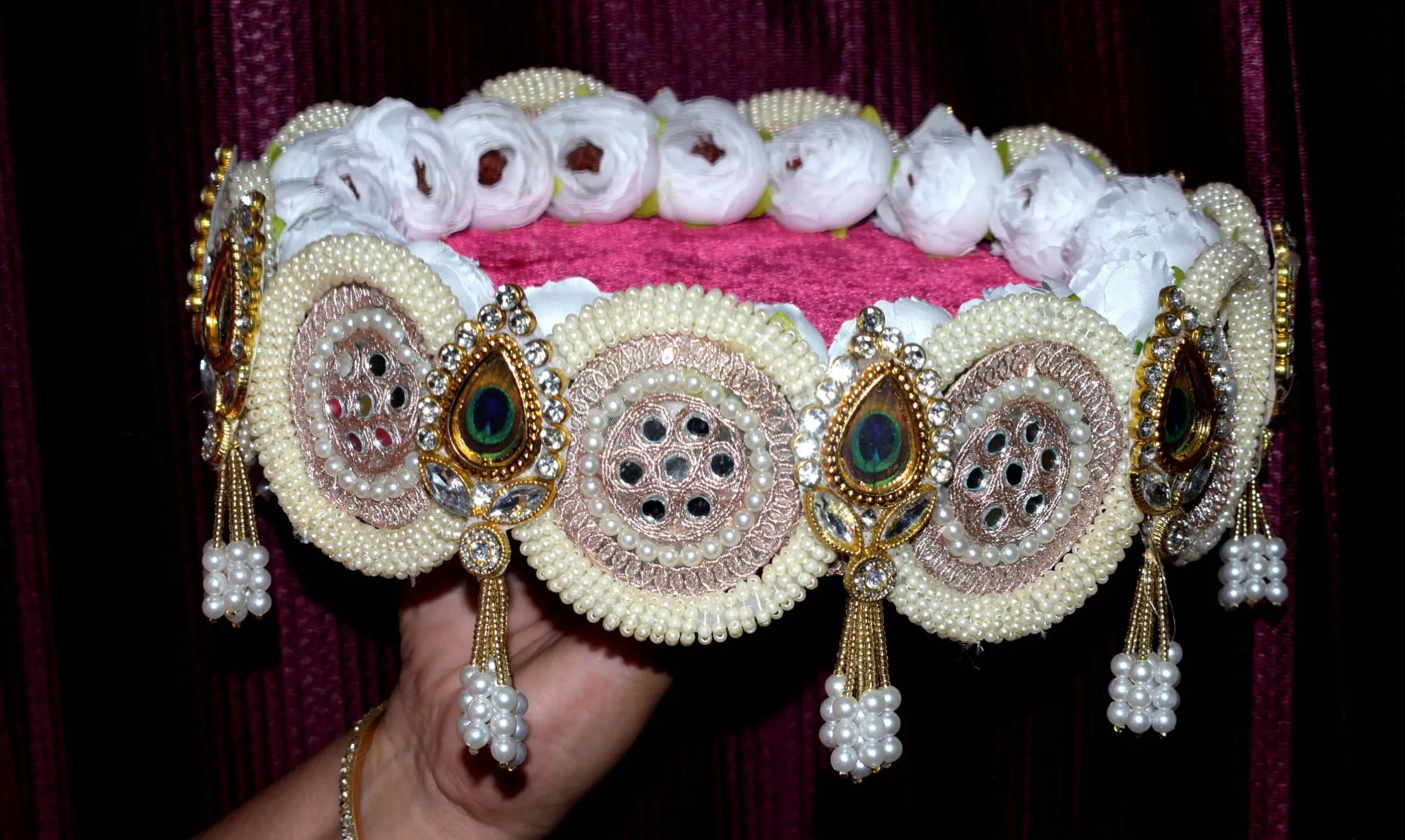 Handmade pink floral Laddu Gopal Sinhasan with Bal Krishna idol decorative throne for home temple