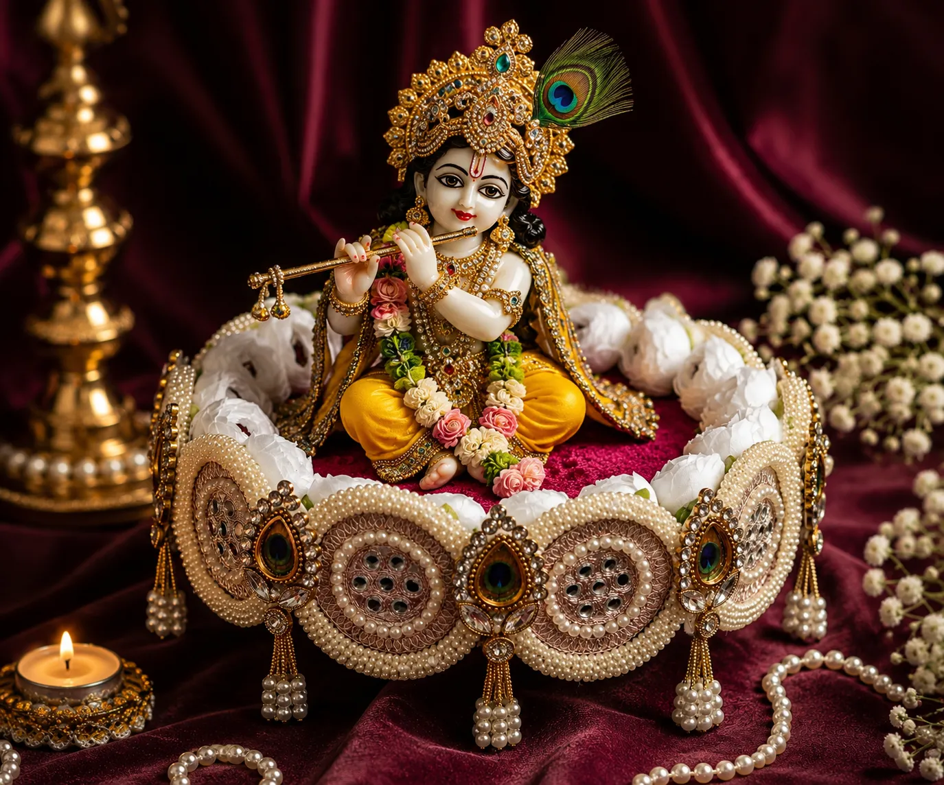 Handmade pink floral Laddu Gopal Sinhasan with Bal Krishna idol decorative throne for home temple