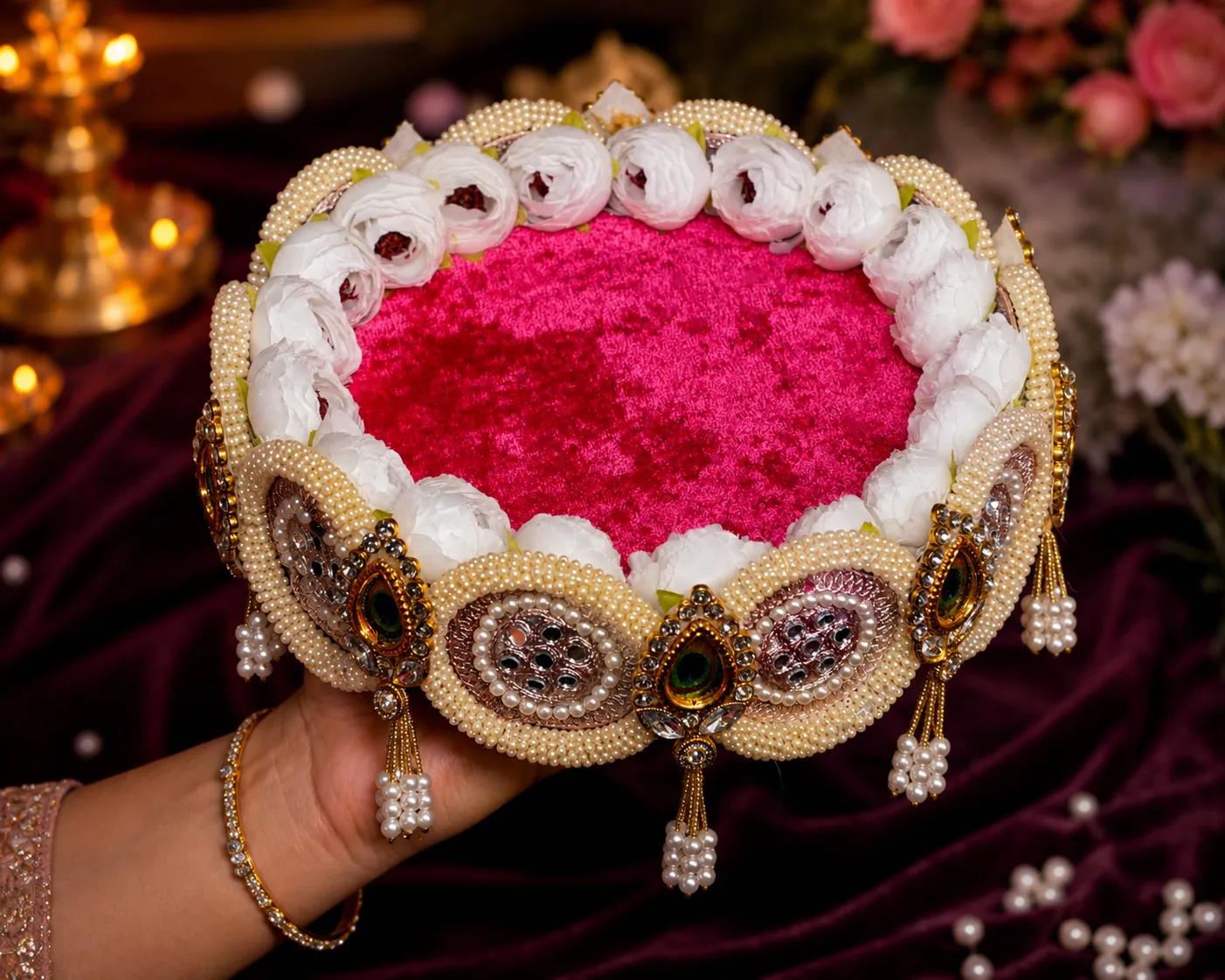 Handmade pink floral Laddu Gopal Sinhasan with Bal Krishna idol decorative throne for home temple