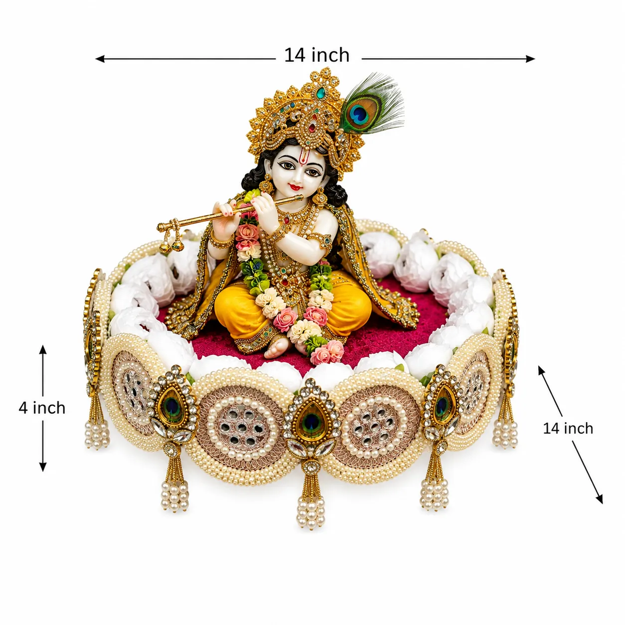 Handmade pink floral Laddu Gopal Sinhasan with Bal Krishna idol decorative throne for home temple