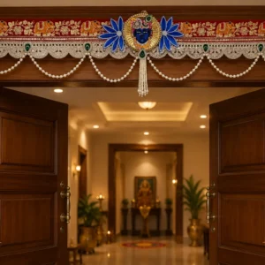 Premium handmade Krishna peacock embroidered toran with elephant motifs, kundan stone work, lace border, pearl tassels and decorative beads for main door and mandir decoration 43x13 inch Image Caption