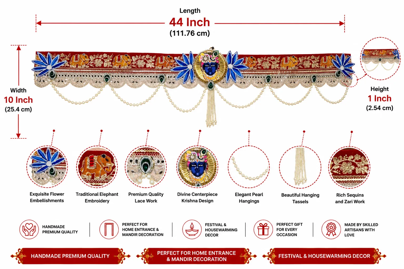 Premium handmade Krishna peacock embroidered toran with elephant motifs, kundan stone work, lace border, pearl tassels and decorative beads for main door and mandir decoration 43x13 inch Image Caption