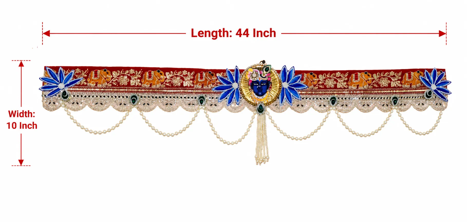 Premium handmade Krishna peacock embroidered toran with elephant motifs, kundan stone work, lace border, pearl tassels and decorative beads for main door and mandir decoration 43x13 inch Image Caption