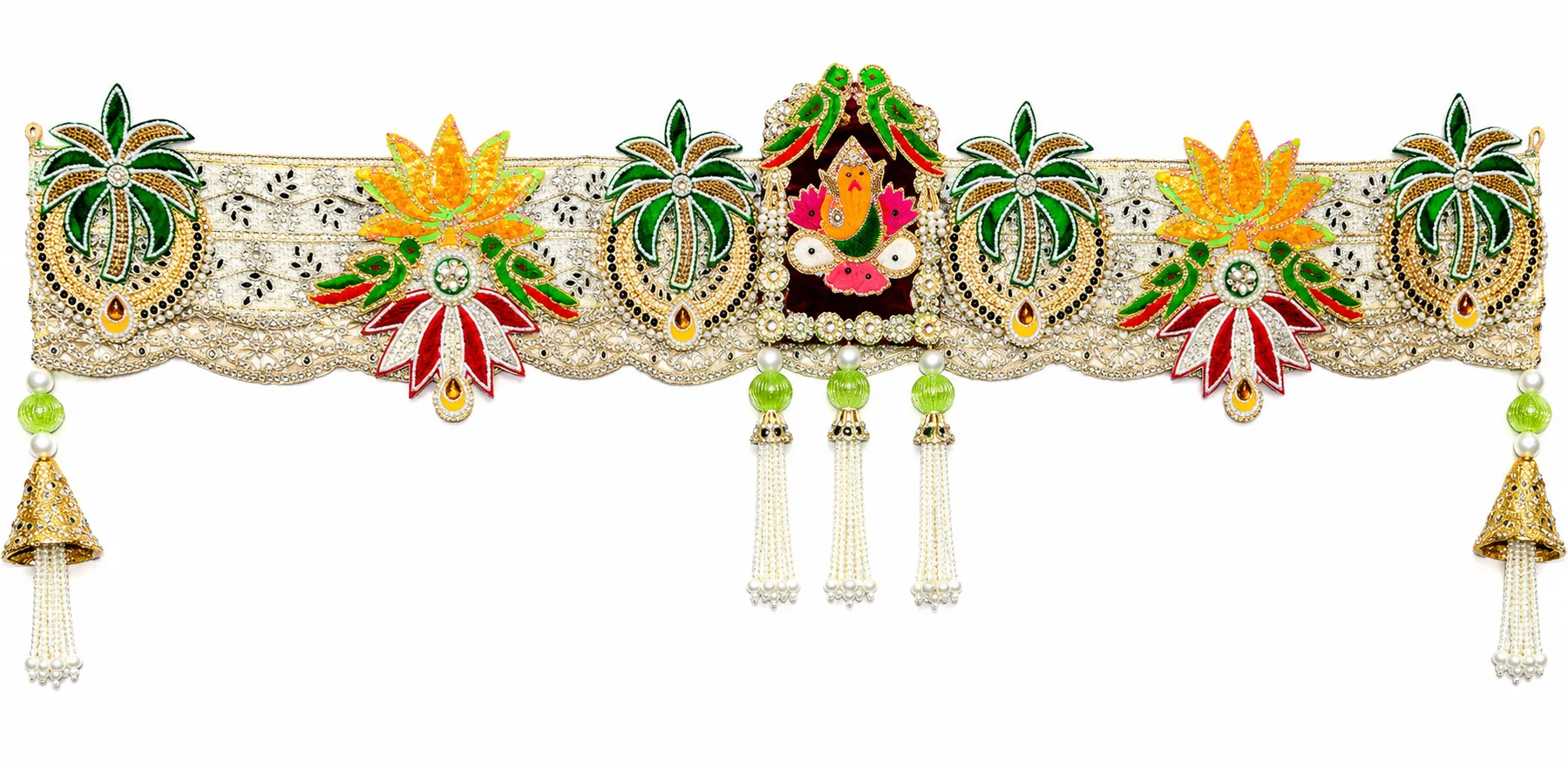 Handmade Ganesh Palm Tree Designer Toran with Lotus Motifs, Pearl Tassels and Decorative Entrance Hanging for Home Decor