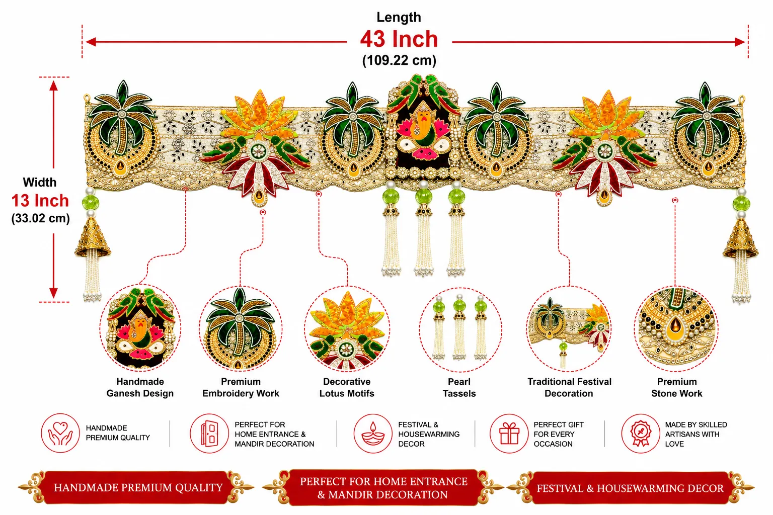 Handmade Ganesh Palm Tree Designer Toran with Lotus Motifs, Pearl Tassels and Decorative Entrance Hanging for Home Decor