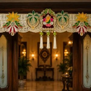 Handmade Ganesh Palm Tree Designer Toran with Lotus Motifs, Pearl Tassels and Decorative Entrance Hanging for Home Decor