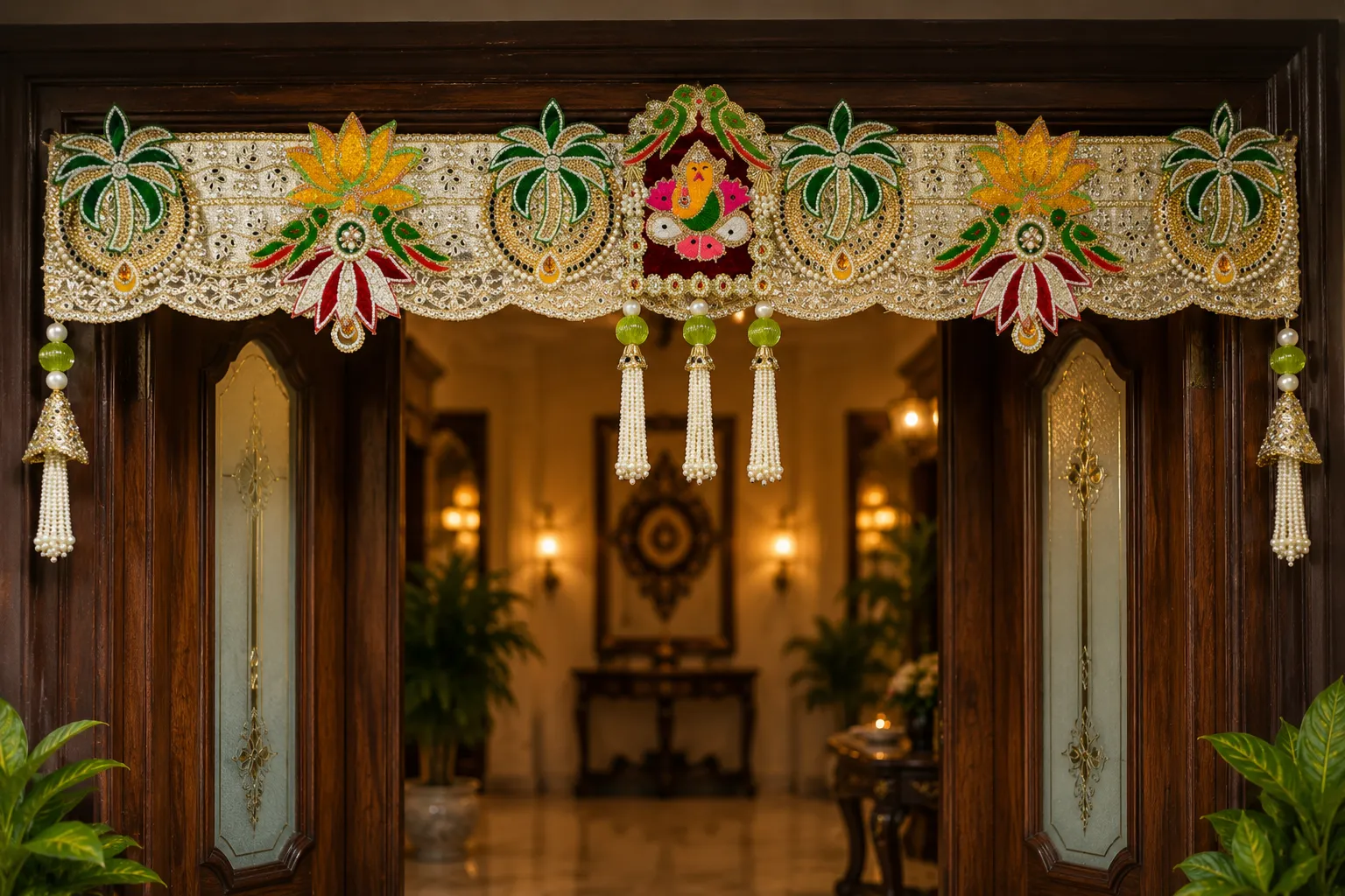 Handmade Ganesh Palm Tree Designer Toran with Lotus Motifs, Pearl Tassels and Decorative Entrance Hanging for Home Decor