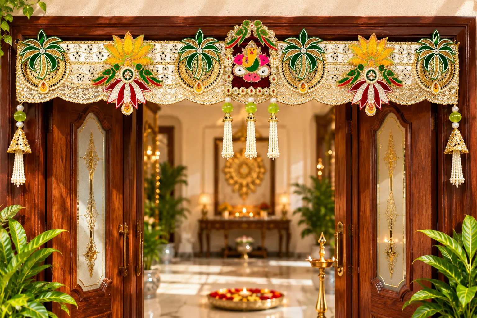 Handmade Ganesh Palm Tree Designer Toran with Lotus Motifs, Pearl Tassels and Decorative Entrance Hanging for Home Decor