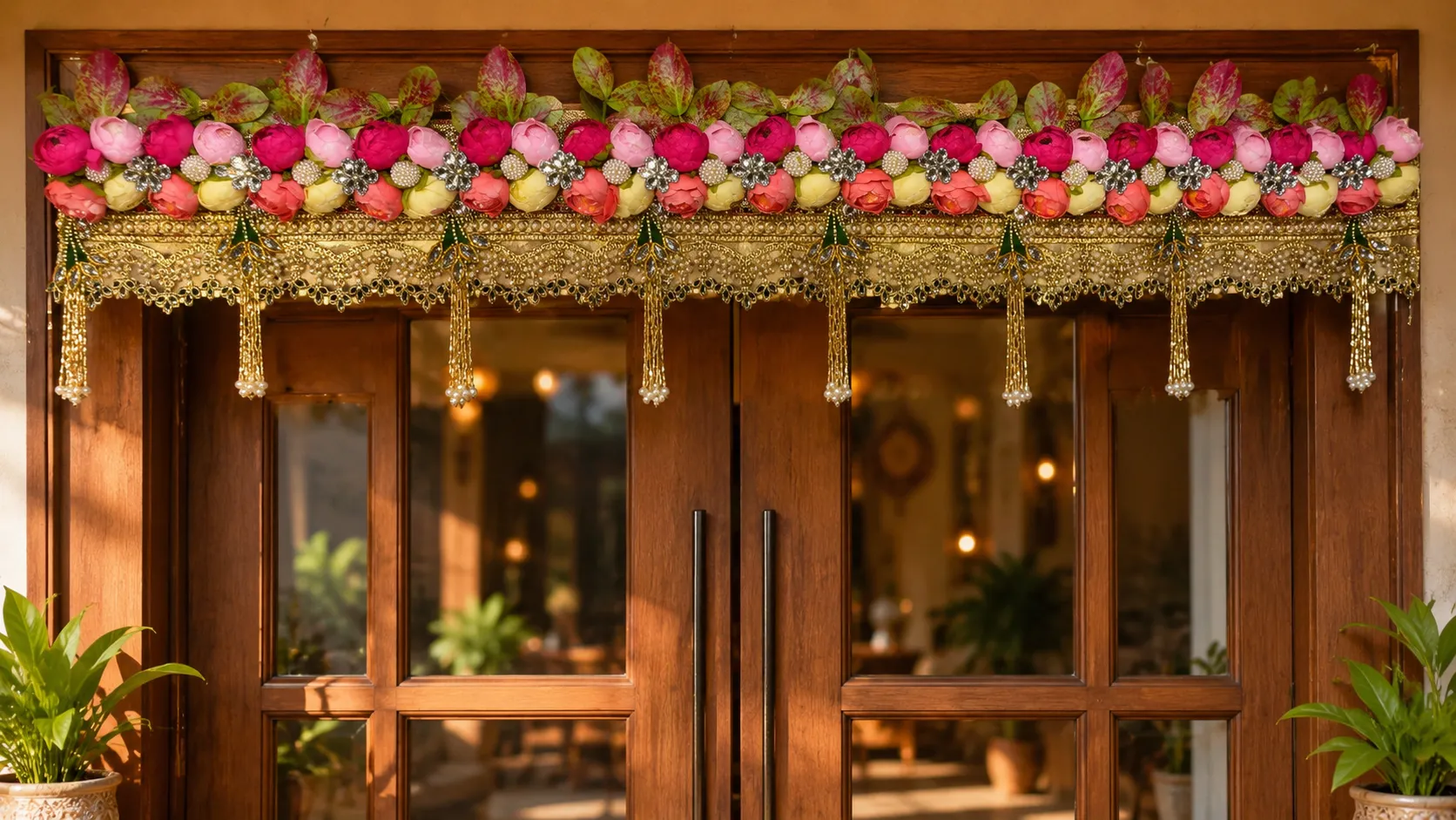 Premium Handmade Floral Golden Lace Toran | Artificial Flower Door Hanging | Luxury Main Door & Mandir Decoration | 43 x 10 Inch