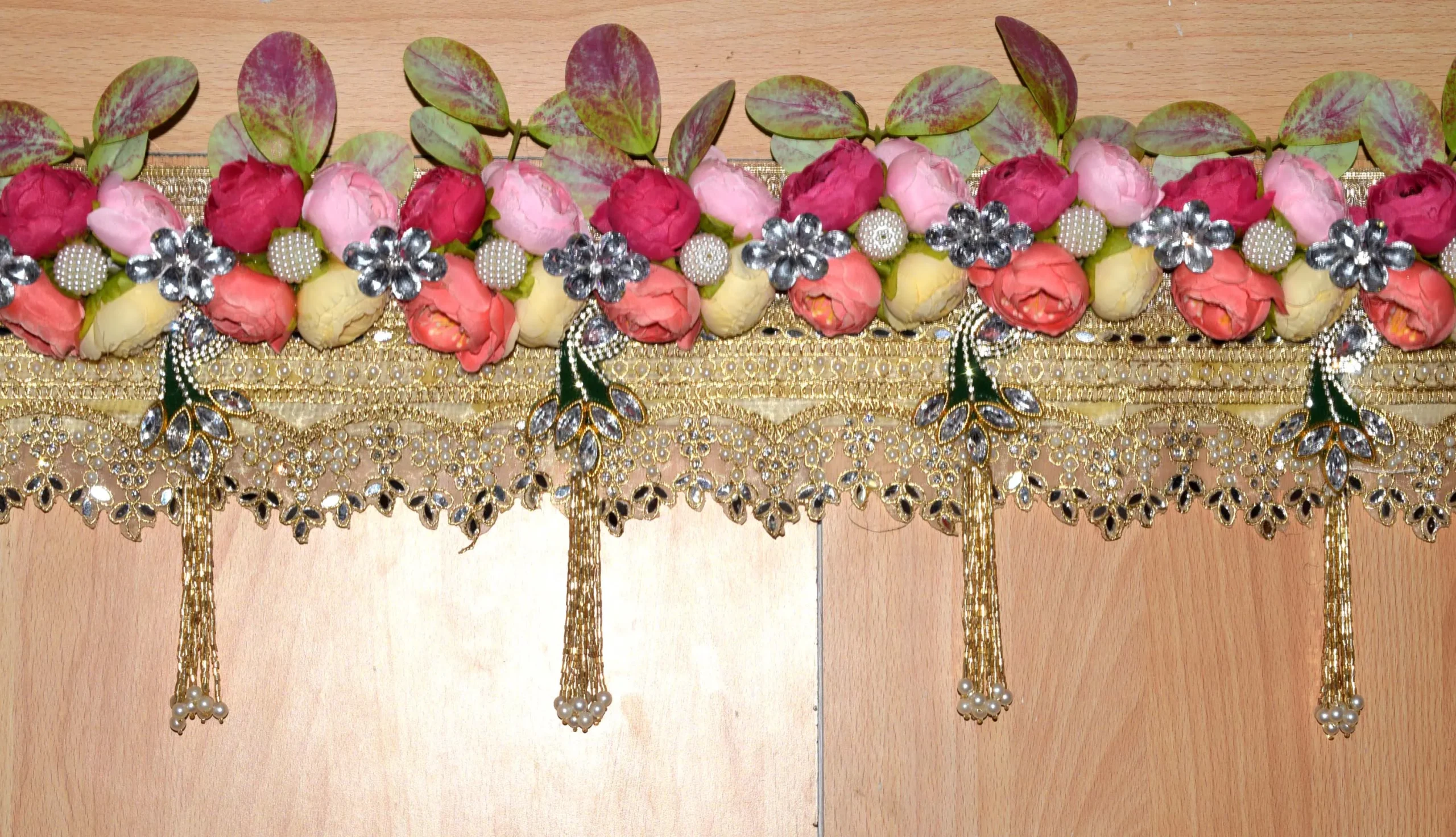 Handmade Premium Floral Peacock Toran with Yellow Roses, Decorative Beads, Peacock Motifs, Golden Lace and Pearl Tassels for Home Entrance Decoration