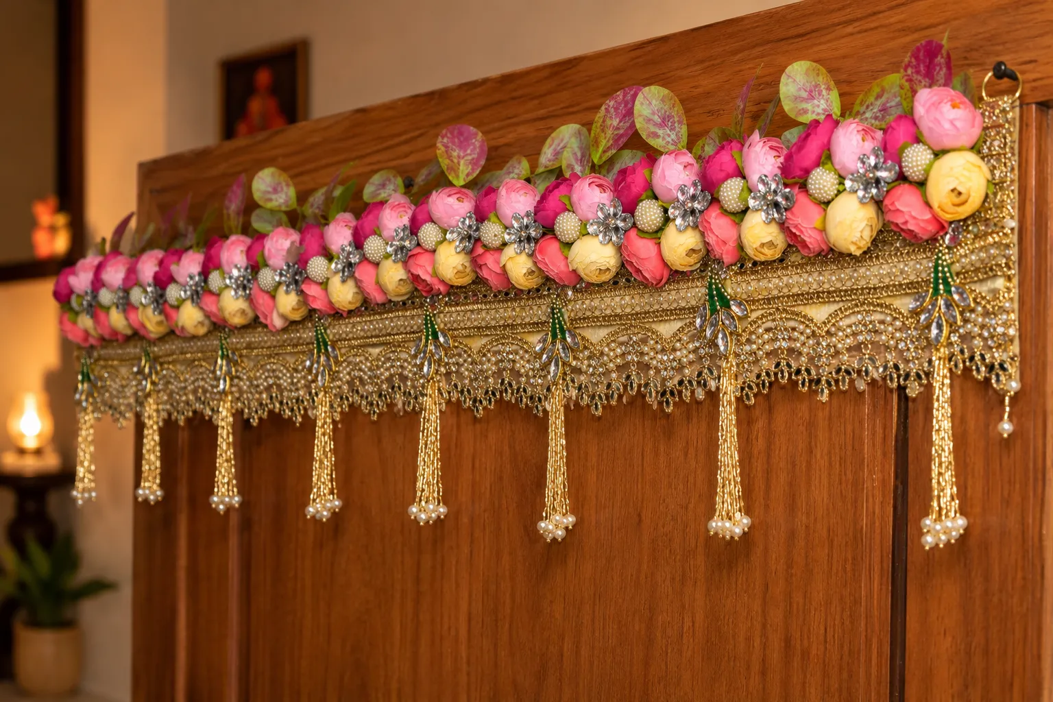 Premium Handmade Floral Golden Lace Toran | Artificial Flower Door Hanging | Luxury Main Door & Mandir Decoration | 43 x 10 Inch