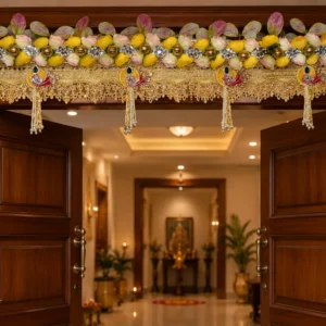 Handmade Premium Floral Peacock Toran with Yellow Roses, Decorative Beads, Peacock Motifs, Golden Lace and Pearl Tassels for Home Entrance Decoration