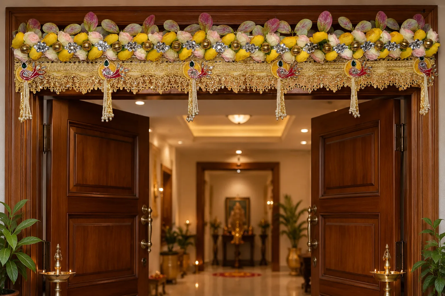 Handmade Premium Floral Peacock Toran with Yellow Roses, Decorative Beads, Peacock Motifs, Golden Lace and Pearl Tassels for Home Entrance Decoration