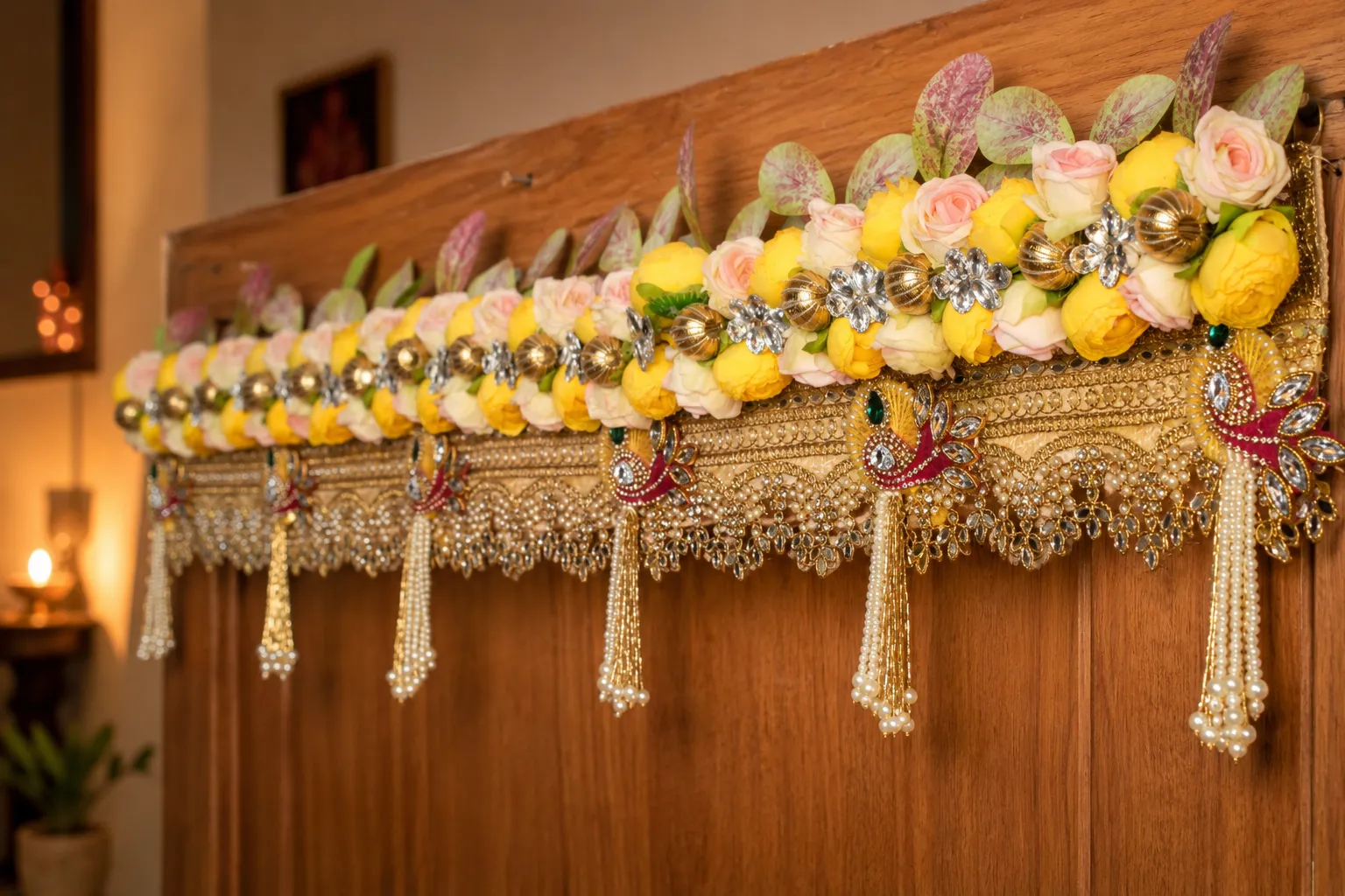 Handmade Premium Floral Peacock Toran with Yellow Roses, Decorative Beads, Peacock Motifs, Golden Lace and Pearl Tassels for Home Entrance Decoration