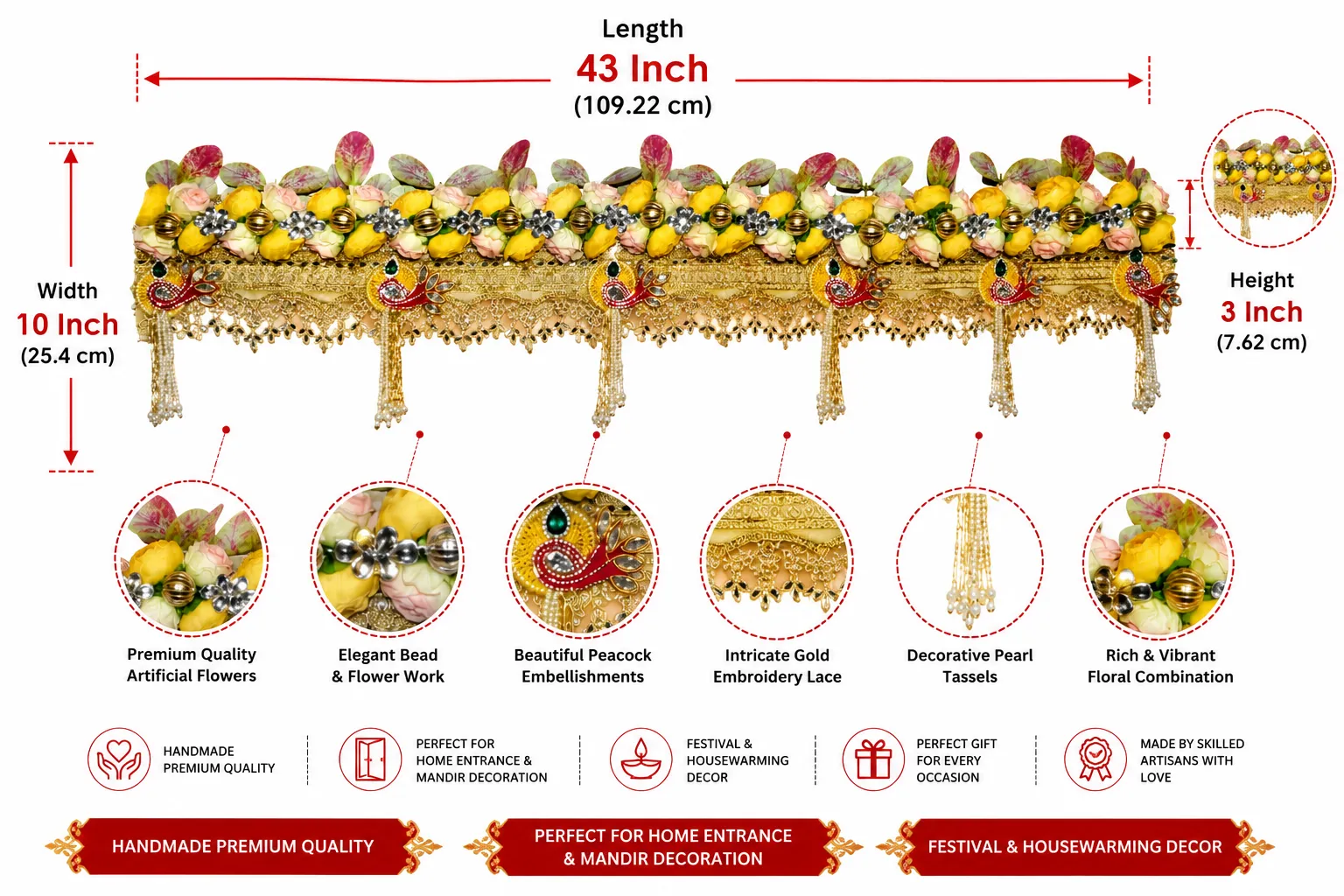 Handmade Premium Floral Peacock Toran with Yellow Roses, Decorative Beads, Peacock Motifs, Golden Lace and Pearl Tassels for Home Entrance Decoration