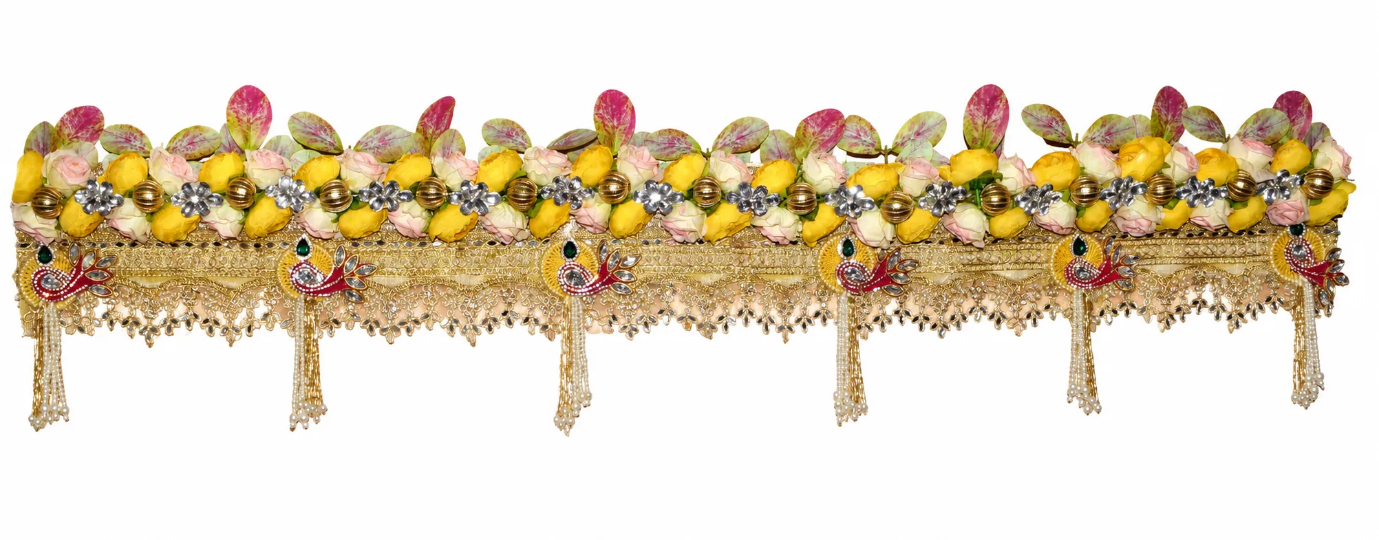 Handmade Premium Floral Peacock Toran with Yellow Roses, Decorative Beads, Peacock Motifs, Golden Lace and Pearl Tassels for Home Entrance Decoration