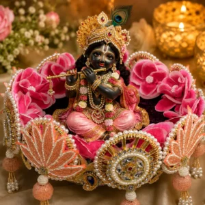 Handmade pink floral Laddu Gopal sinhasan with pearl and kundan decoration for Krishna idol