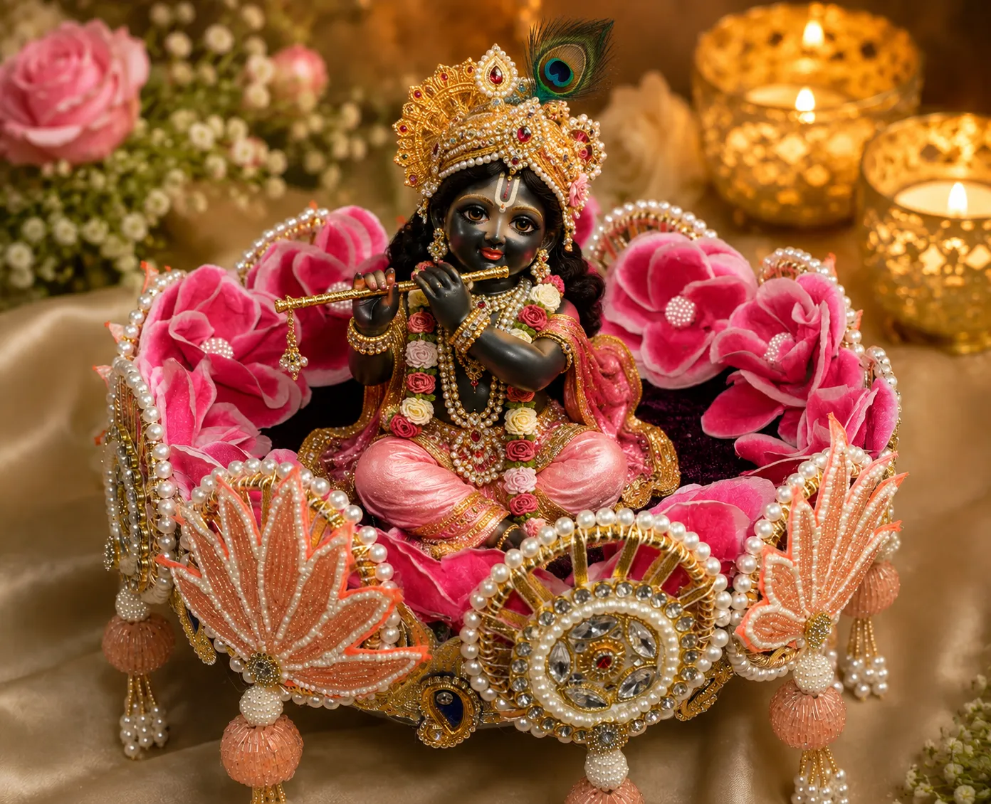 Handmade pink floral Laddu Gopal sinhasan with pearl and kundan decoration for Krishna idol