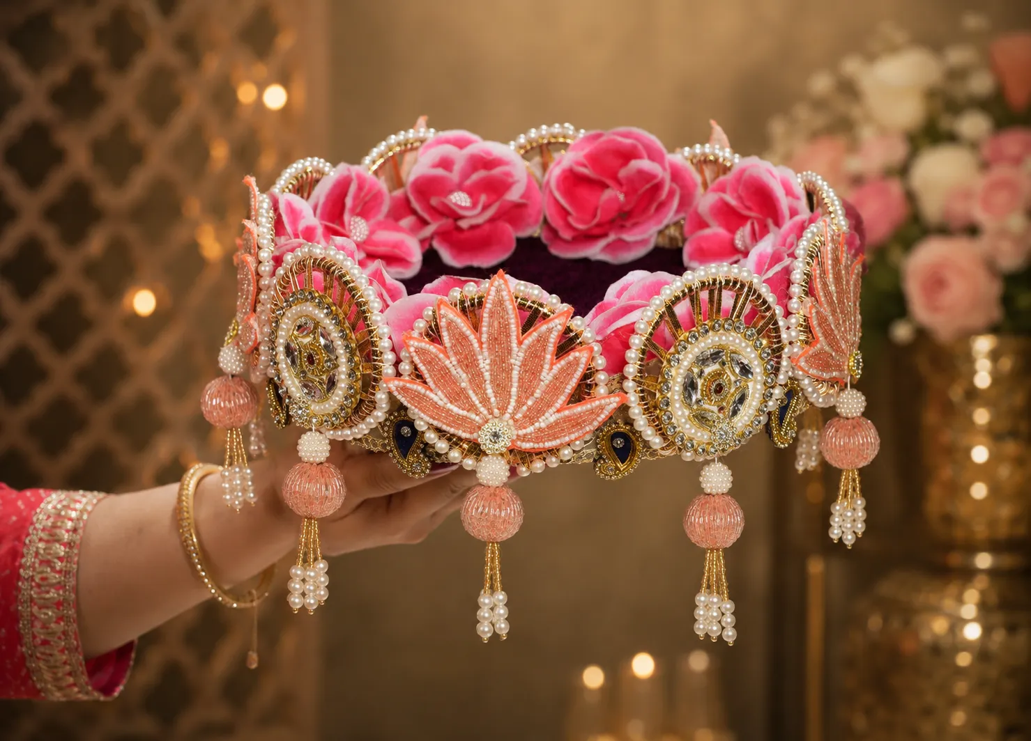 Handmade pink floral Laddu Gopal sinhasan with pearl and kundan decoration for Krishna idol